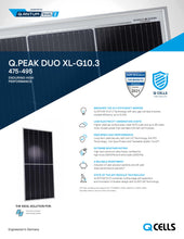 Load image into Gallery viewer, Page 1 of datasheet for Hanwha QCells Q.Peak Duo XL-G10.3 Solar Panel (Module), 480Wp